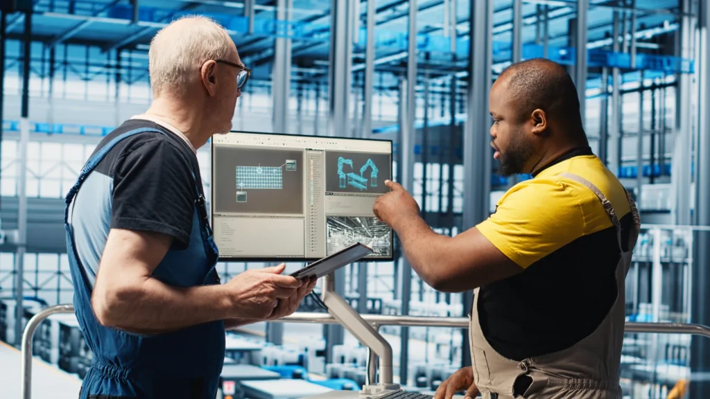 A high-tech electronics manufacturing floor showcasing advanced automation and collaborative workers.